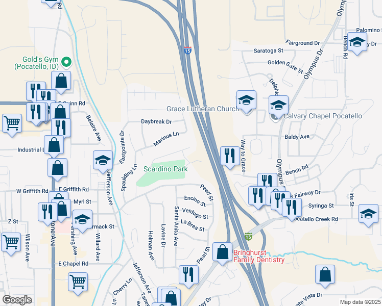 map of restaurants, bars, coffee shops, grocery stores, and more near 945 Park Lane in Pocatello