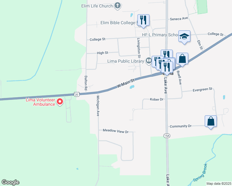 map of restaurants, bars, coffee shops, grocery stores, and more near 7162 West Main Street in Lima