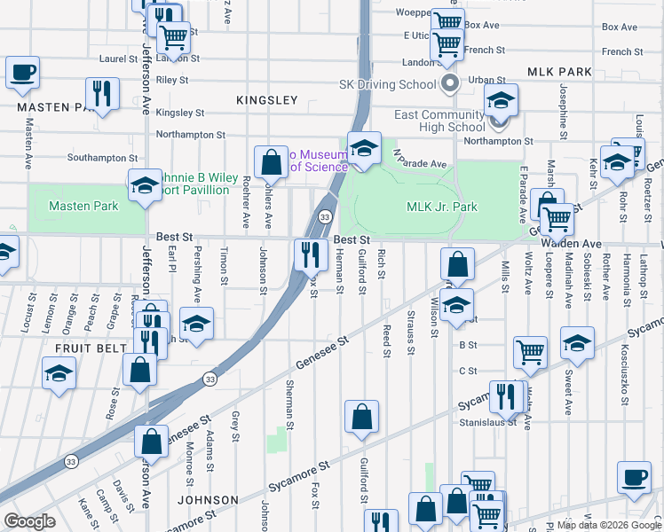 map of restaurants, bars, coffee shops, grocery stores, and more near 395 Herman Street in Buffalo