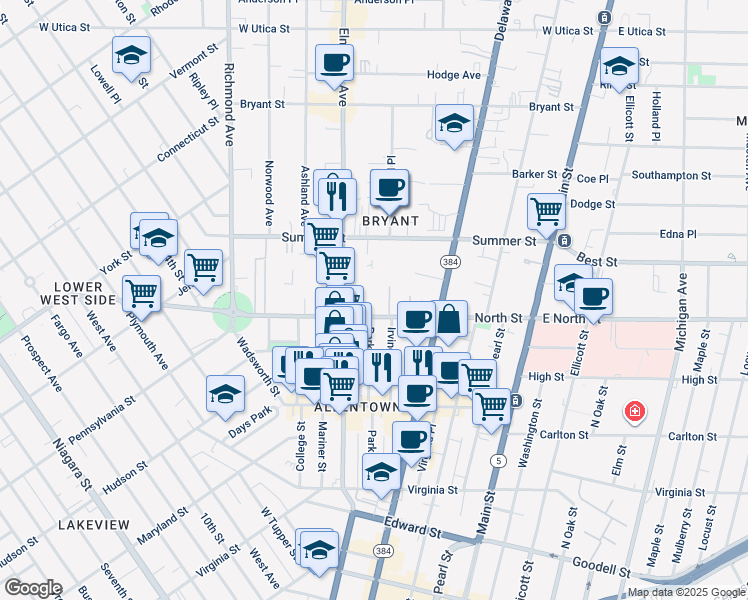 map of restaurants, bars, coffee shops, grocery stores, and more near 165 North Street in Buffalo