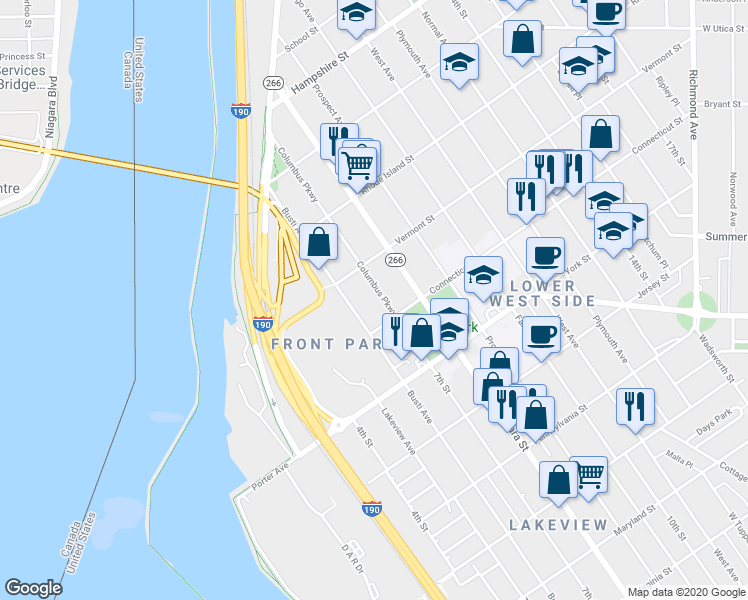 map of restaurants, bars, coffee shops, grocery stores, and more near 702 Columbus Parkway in Buffalo
