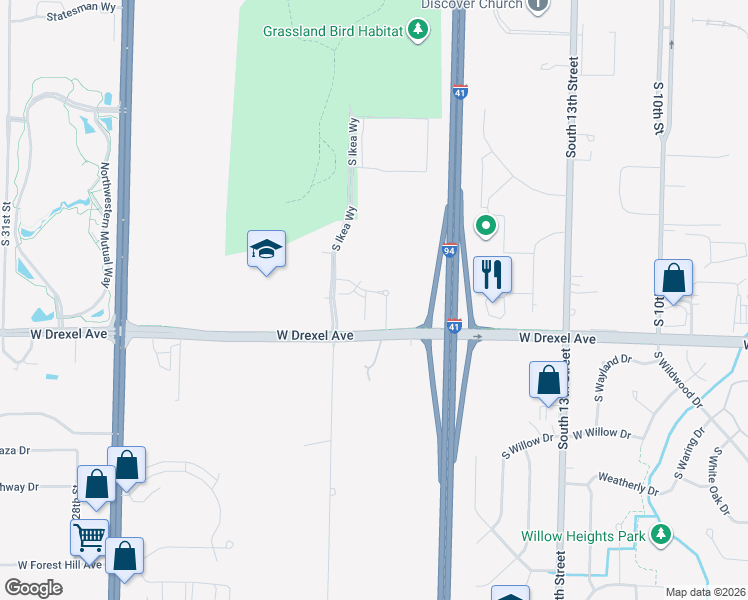 map of restaurants, bars, coffee shops, grocery stores, and more near 1820 West Drexel Avenue in Oak Creek