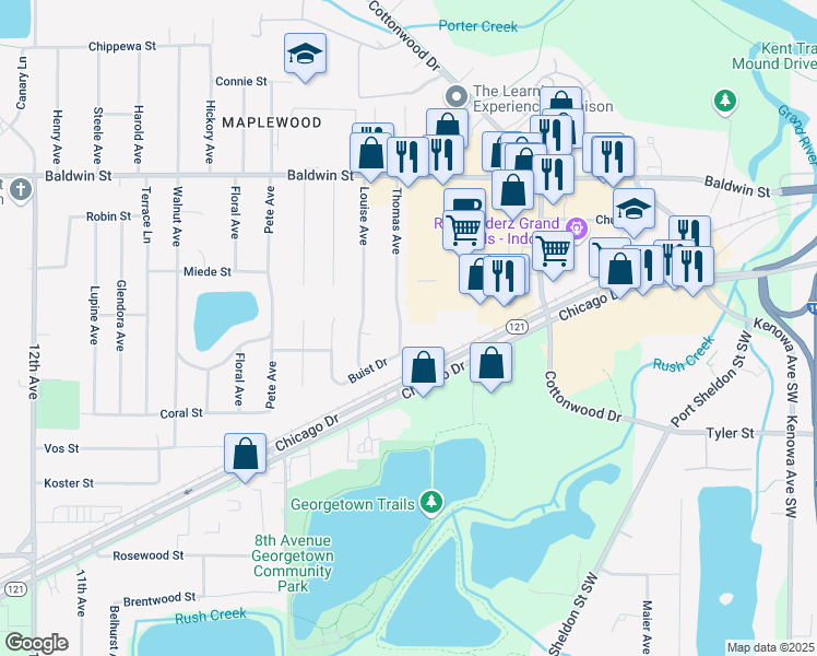 map of restaurants, bars, coffee shops, grocery stores, and more near 7370 Thomas Avenue in Georgetown Township