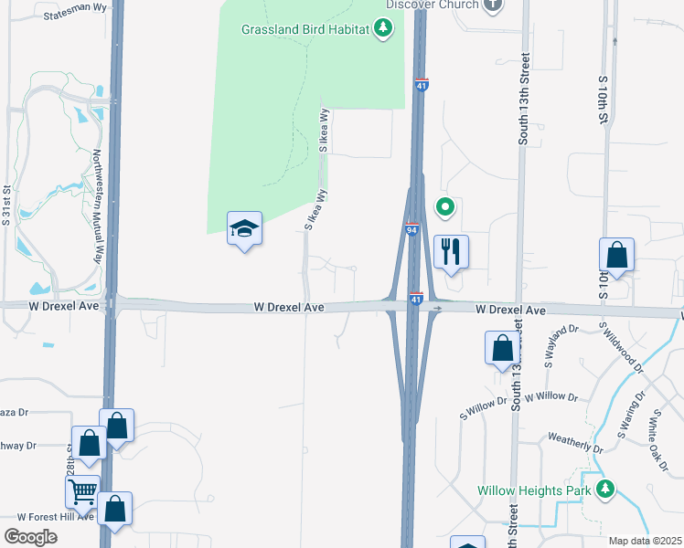 map of restaurants, bars, coffee shops, grocery stores, and more near 1820 West Drexel Avenue in Oak Creek