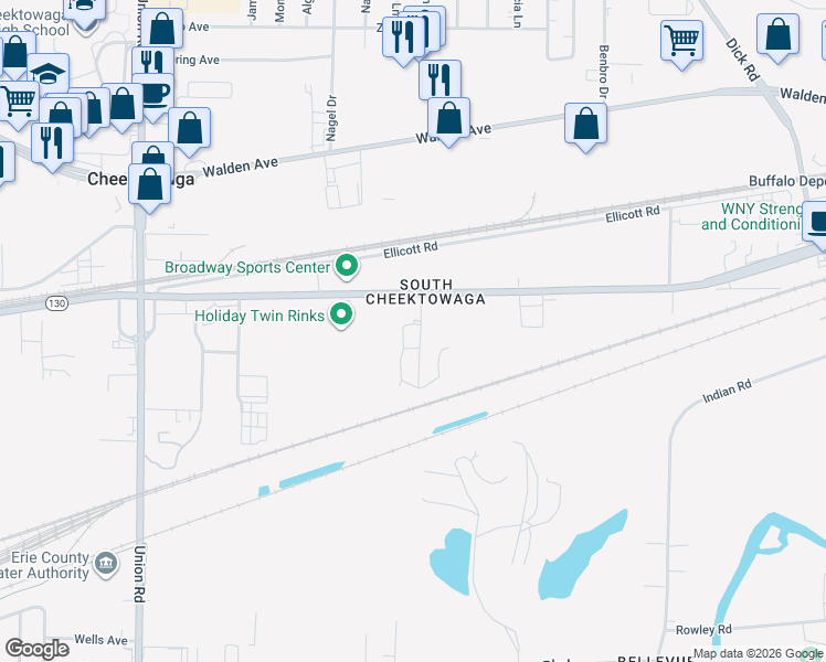 map of restaurants, bars, coffee shops, grocery stores, and more near 3529 Broadway in Cheektowaga