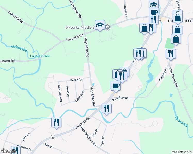 map of restaurants, bars, coffee shops, grocery stores, and more near 34 High Mills Scotch Bush Road in Schenectady County
