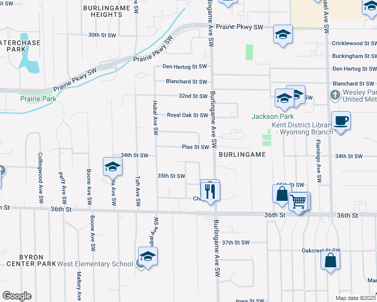 map of restaurants, bars, coffee shops, grocery stores, and more near 1660 Plas St SW in Wyoming