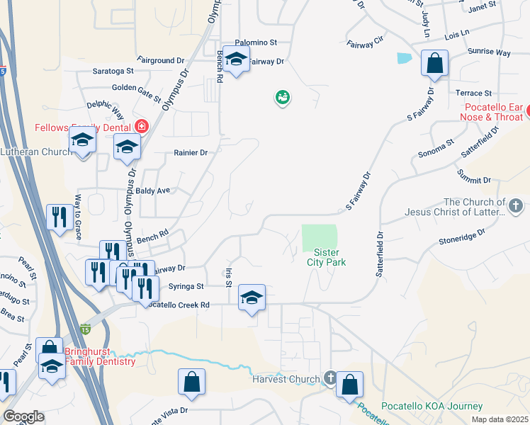 map of restaurants, bars, coffee shops, grocery stores, and more near 2075 South Fairway Drive in Pocatello