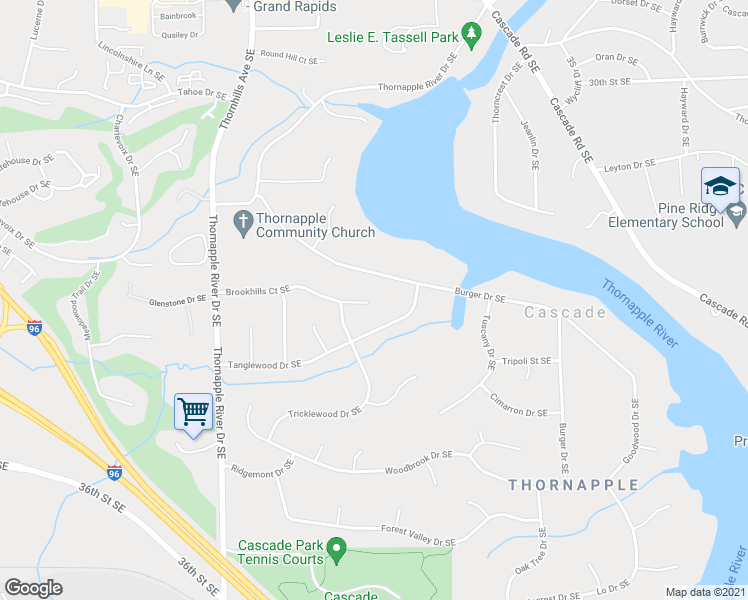 map of restaurants, bars, coffee shops, grocery stores, and more near 6669 Brookhills Court Southeast in Grand Rapids