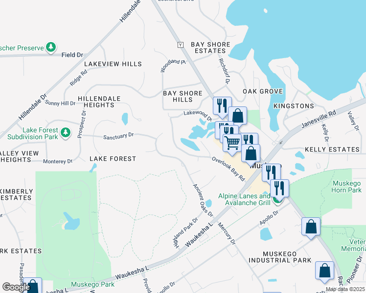 map of restaurants, bars, coffee shops, grocery stores, and more near W193S7836 Overlook Bay Road in Muskego