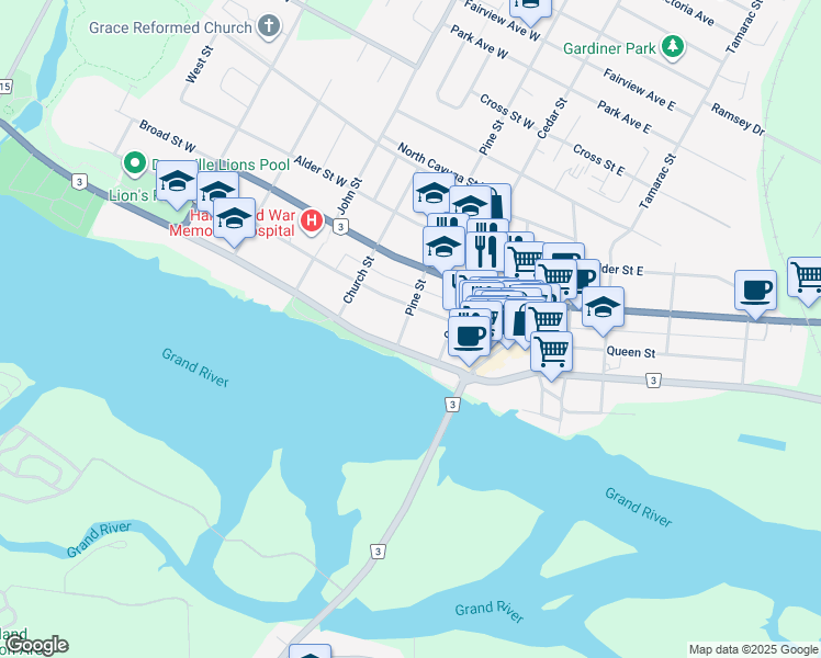 map of restaurants, bars, coffee shops, grocery stores, and more near 123 Pine Street in Haldimand County