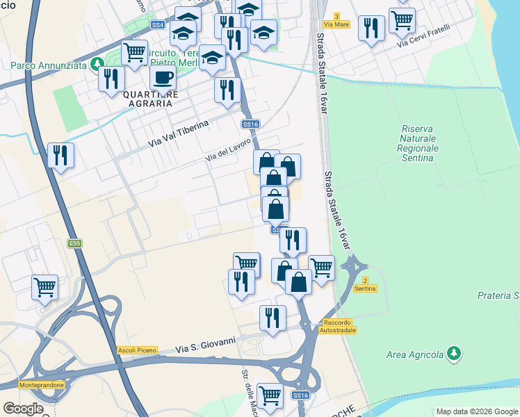 map of restaurants, bars, coffee shops, grocery stores, and more near 22 Via Val Sesia in San Benedetto del Tronto