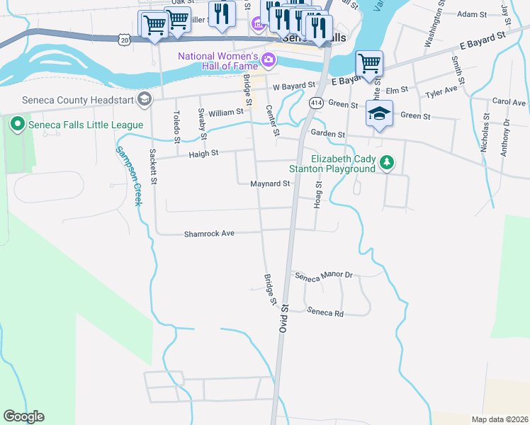 map of restaurants, bars, coffee shops, grocery stores, and more near 87 Bridge Street in Seneca Falls