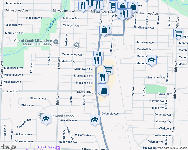 map of restaurants, bars, coffee shops, grocery stores, and more near 2816 South Chicago Avenue in South Milwaukee