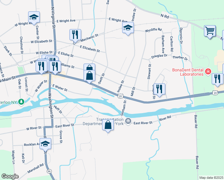 map of restaurants, bars, coffee shops, grocery stores, and more near 237 E Main St in Waterloo