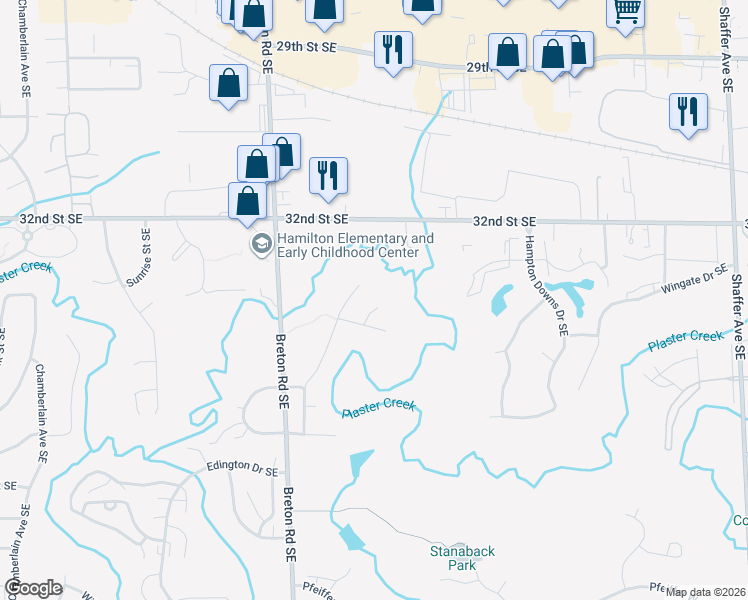 map of restaurants, bars, coffee shops, grocery stores, and more near 3319 Breton Creek Court Southeast in Kentwood