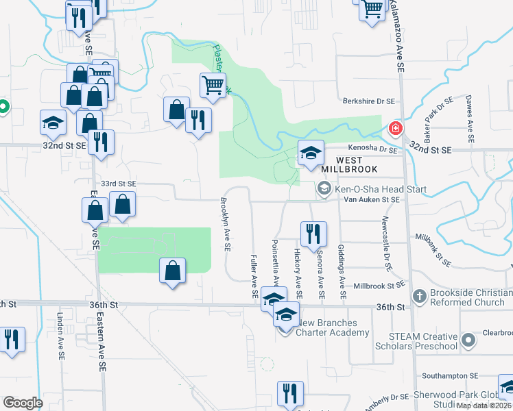 map of restaurants, bars, coffee shops, grocery stores, and more near 3320 Fuller Avenue Southeast in Grand Rapids