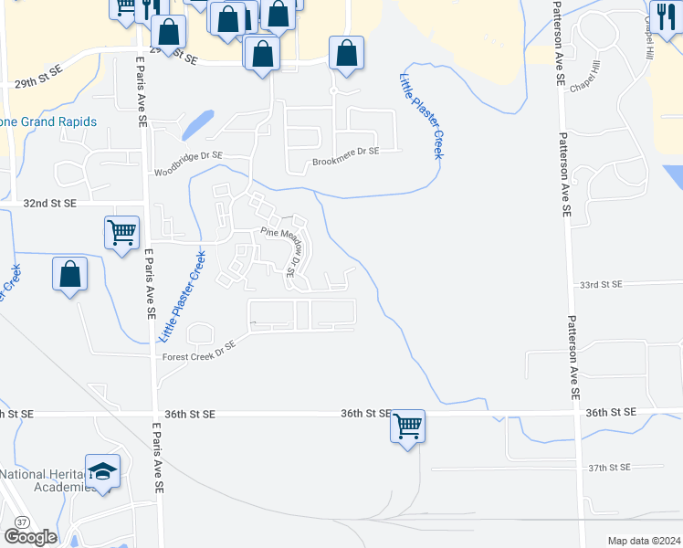 map of restaurants, bars, coffee shops, grocery stores, and more near 3360 Pine Meadow Drive Southeast in Kentwood
