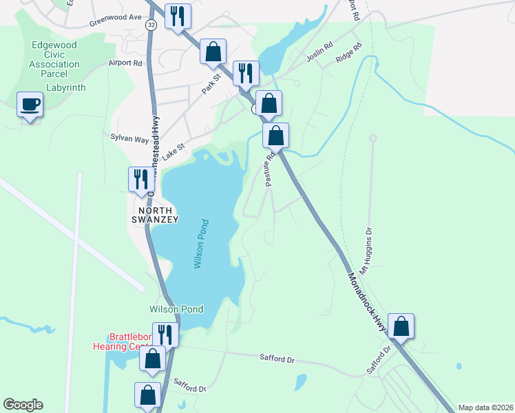 map of restaurants, bars, coffee shops, grocery stores, and more near 11 Wilson Pond Road in Keene