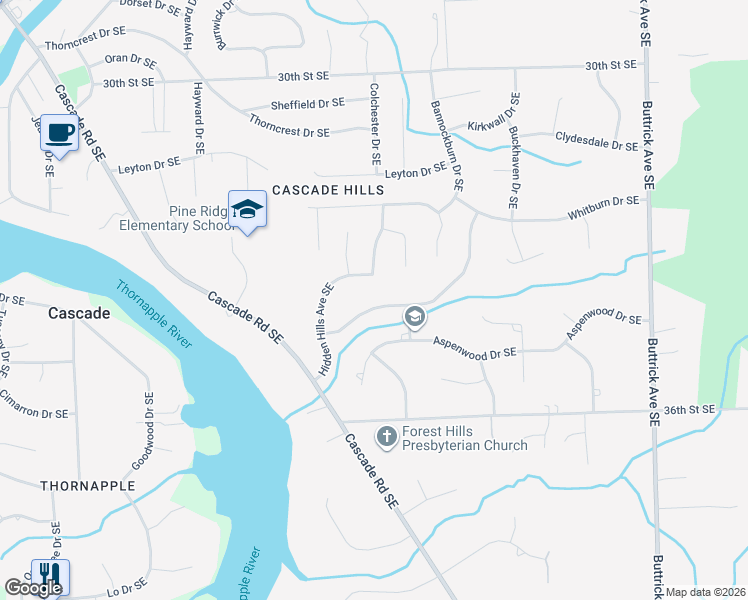 map of restaurants, bars, coffee shops, grocery stores, and more near 7525 Candlewood Drive Southeast in Grand Rapids
