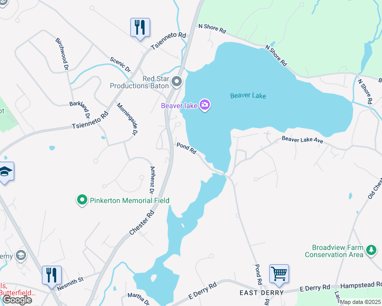 map of restaurants, bars, coffee shops, grocery stores, and more near 52 Pond Road in Derry