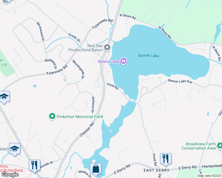 map of restaurants, bars, coffee shops, grocery stores, and more near 52 Pond Road in Derry