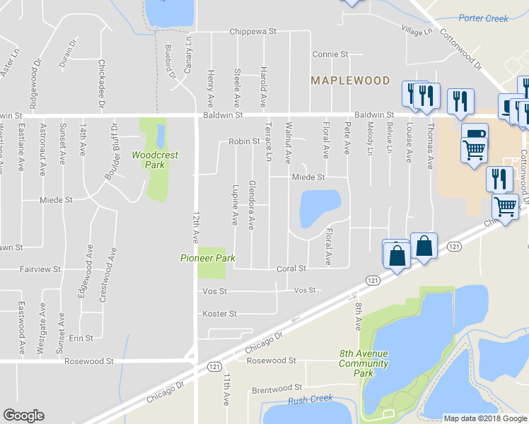 map of restaurants, bars, coffee shops, grocery stores, and more near 7369 Terrace Lane in Georgetown Township