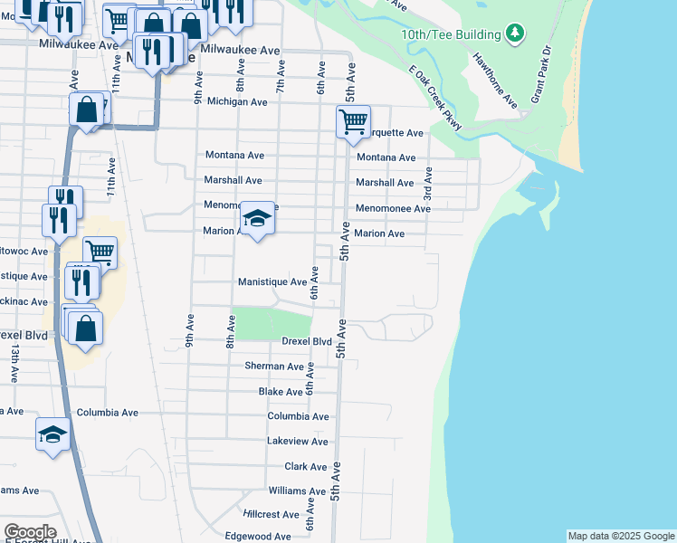 map of restaurants, bars, coffee shops, grocery stores, and more near 2810 5th Avenue in South Milwaukee