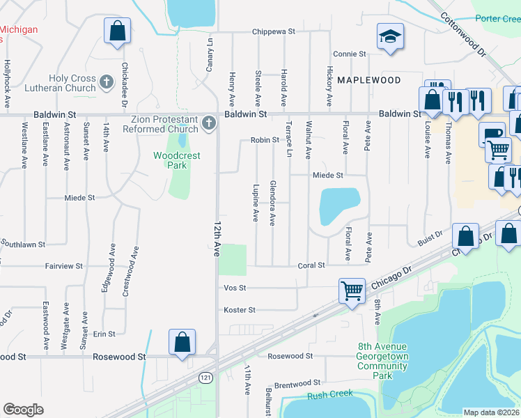 map of restaurants, bars, coffee shops, grocery stores, and more near 7366 Lupine Avenue in Georgetown Township