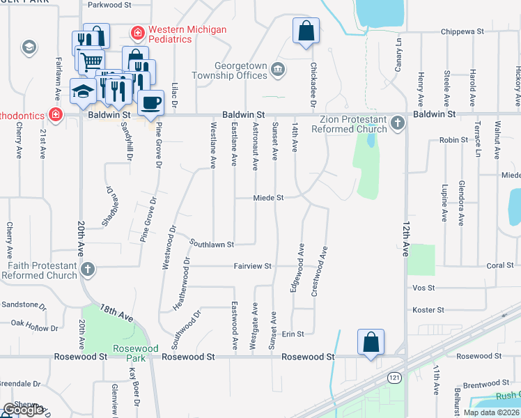 map of restaurants, bars, coffee shops, grocery stores, and more near 7352 Astronaut Avenue in Georgetown Township