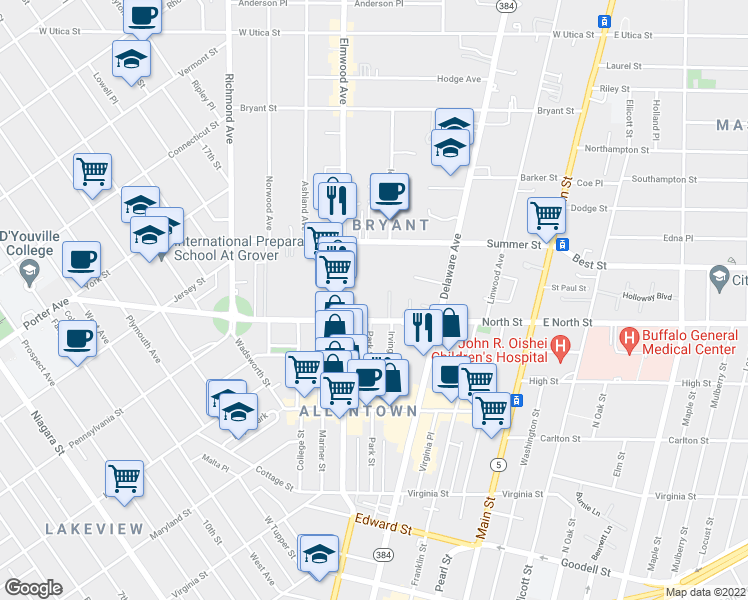 map of restaurants, bars, coffee shops, grocery stores, and more near 165 North Street in Buffalo