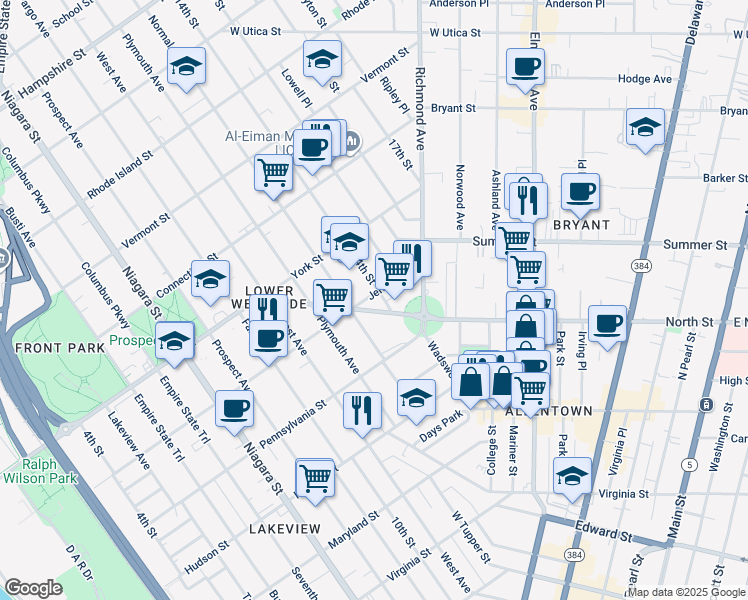 map of restaurants, bars, coffee shops, grocery stores, and more near 385 Jersey Street in Buffalo