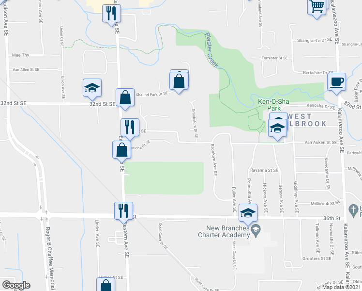 map of restaurants, bars, coffee shops, grocery stores, and more near 1016 33rd Street Southeast in Grand Rapids