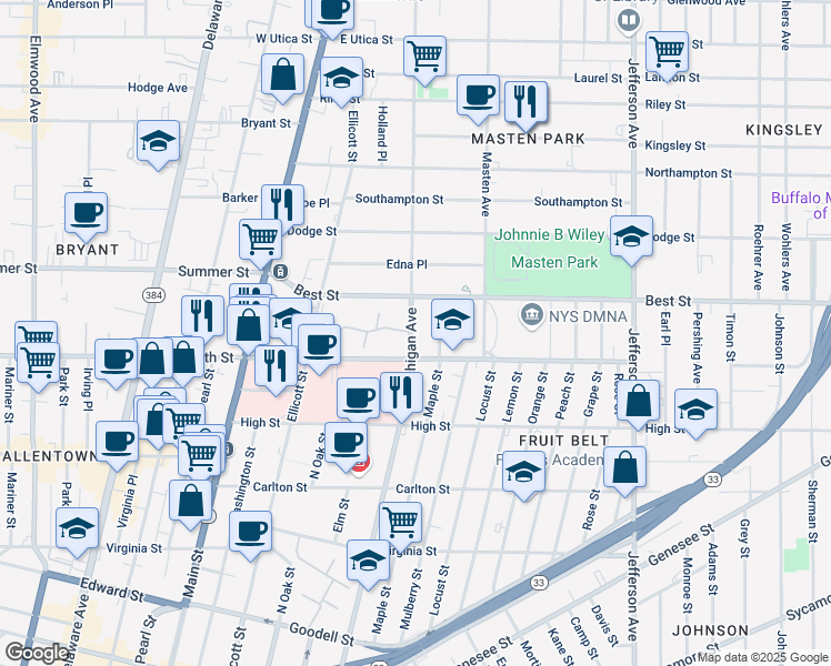 map of restaurants, bars, coffee shops, grocery stores, and more near 1095 Michigan Avenue in Buffalo