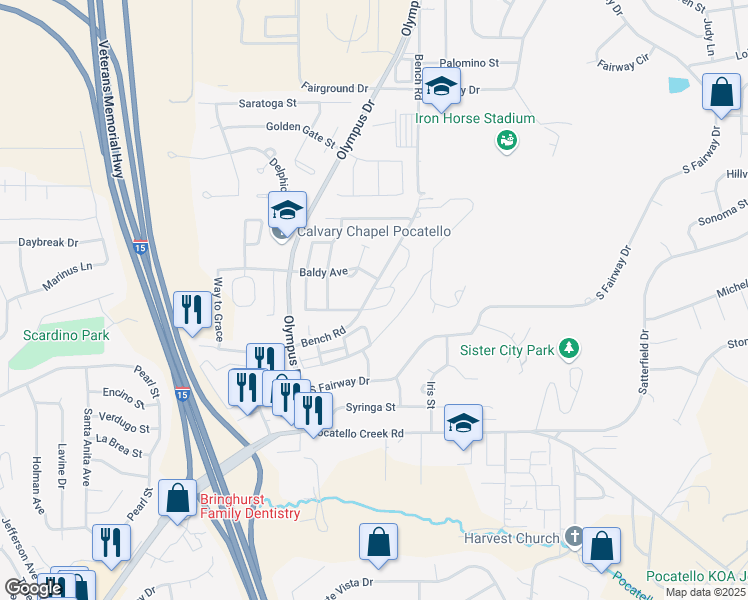 map of restaurants, bars, coffee shops, grocery stores, and more near 1560 Bench Road in Pocatello