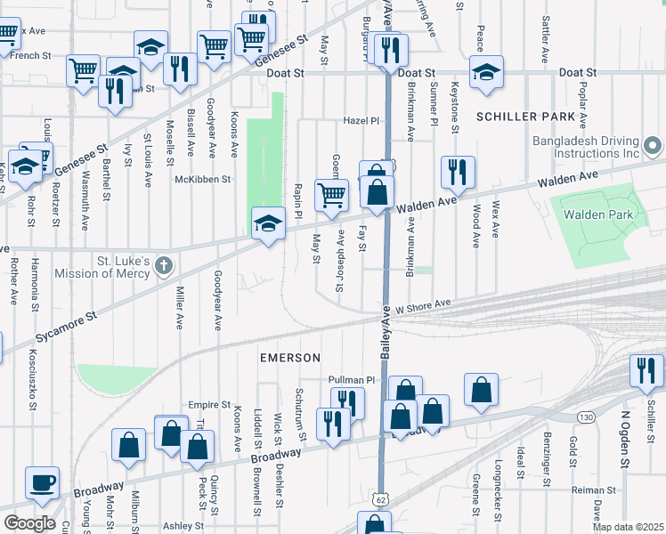 map of restaurants, bars, coffee shops, grocery stores, and more near 94 Saint Joseph Avenue in Buffalo