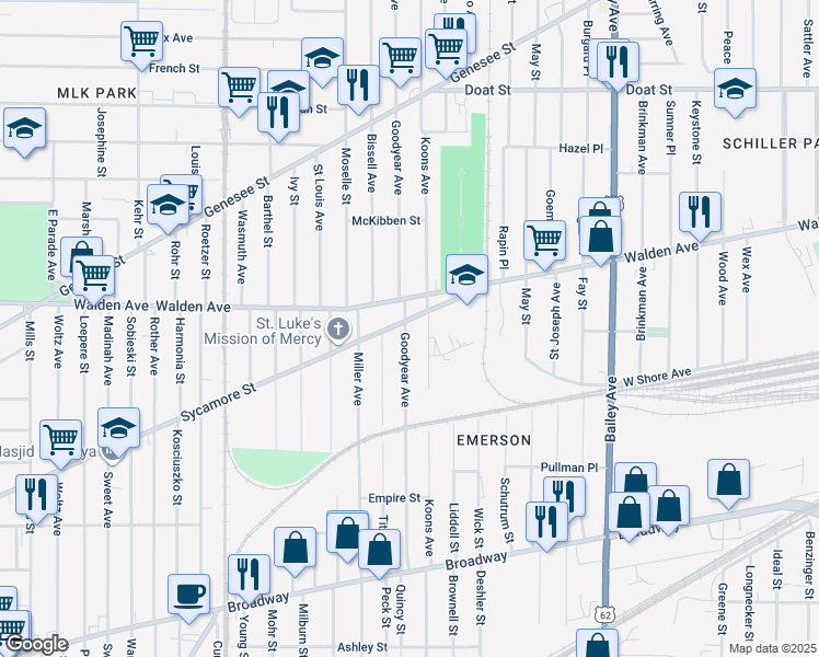 map of restaurants, bars, coffee shops, grocery stores, and more near 1375 Sycamore Street in Buffalo