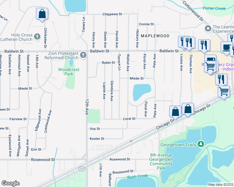 map of restaurants, bars, coffee shops, grocery stores, and more near 7369 Terrace Lane in Georgetown Township
