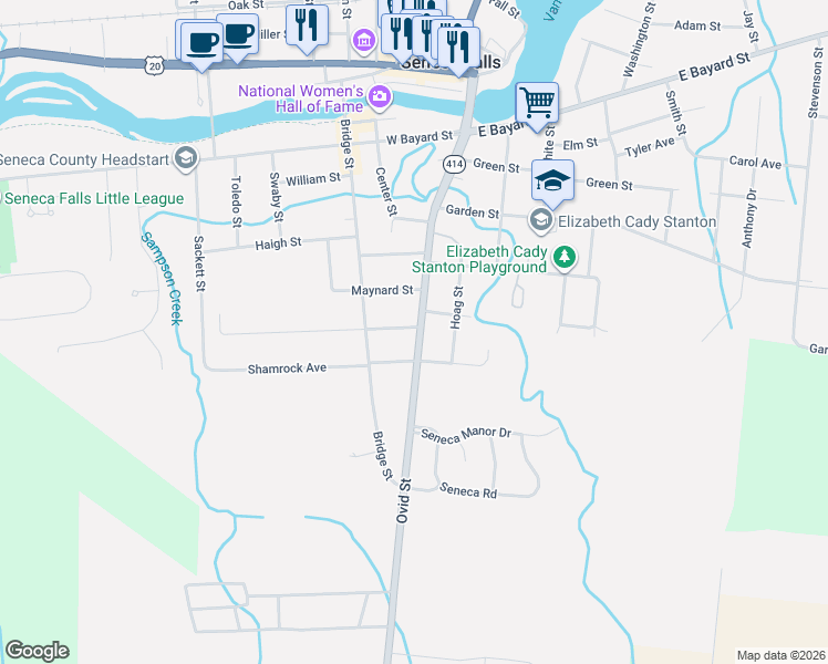 map of restaurants, bars, coffee shops, grocery stores, and more near 1 Mechanic Street in Seneca Falls