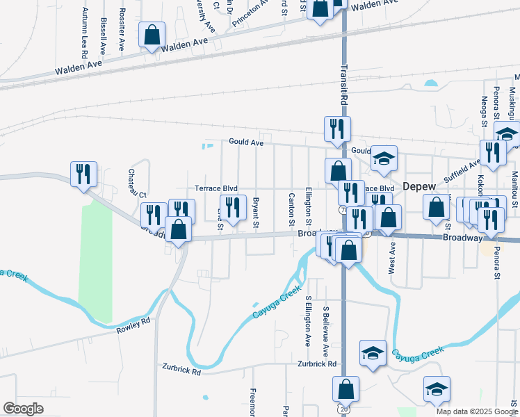 map of restaurants, bars, coffee shops, grocery stores, and more near 261 Bryant Street in Depew