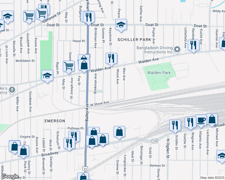 map of restaurants, bars, coffee shops, grocery stores, and more near 43 Keystone Street in Buffalo