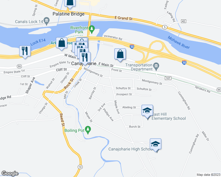 map of restaurants, bars, coffee shops, grocery stores, and more near 32 Maple Avenue in Canajoharie