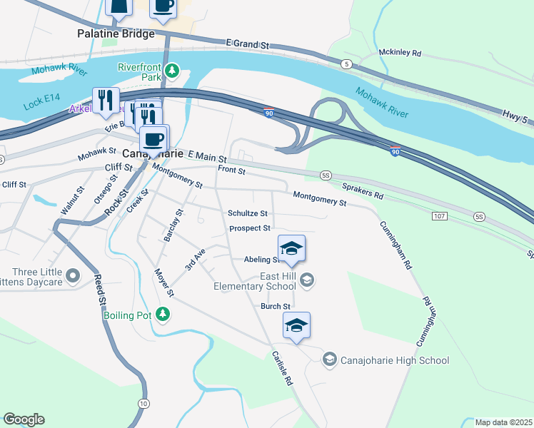 map of restaurants, bars, coffee shops, grocery stores, and more near 51 Schultze Street in Canajoharie
