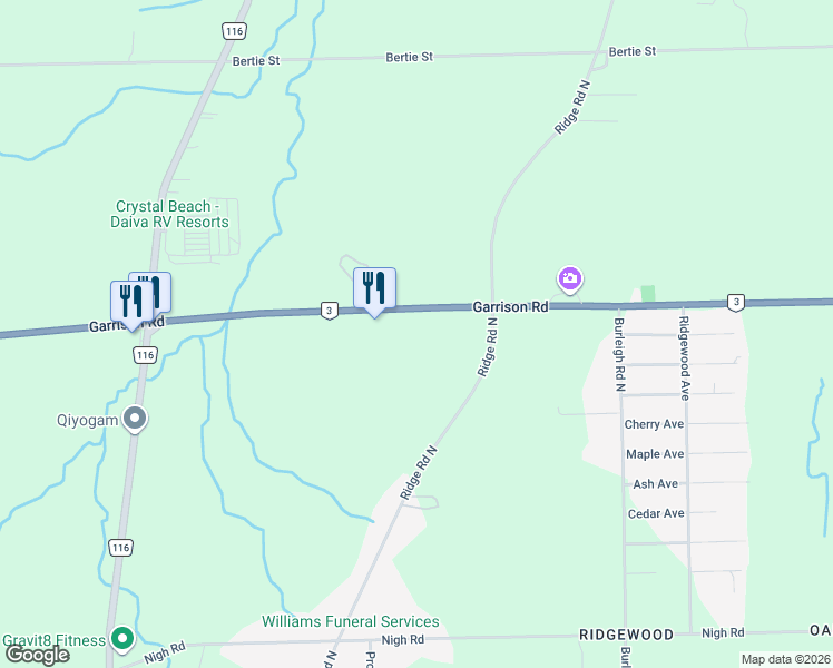 map of restaurants, bars, coffee shops, grocery stores, and more near 3545 Garrison Road in Fort Erie