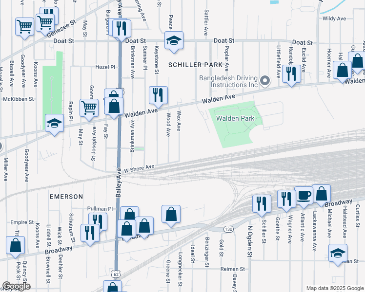 map of restaurants, bars, coffee shops, grocery stores, and more near 39 Wex Avenue in Buffalo