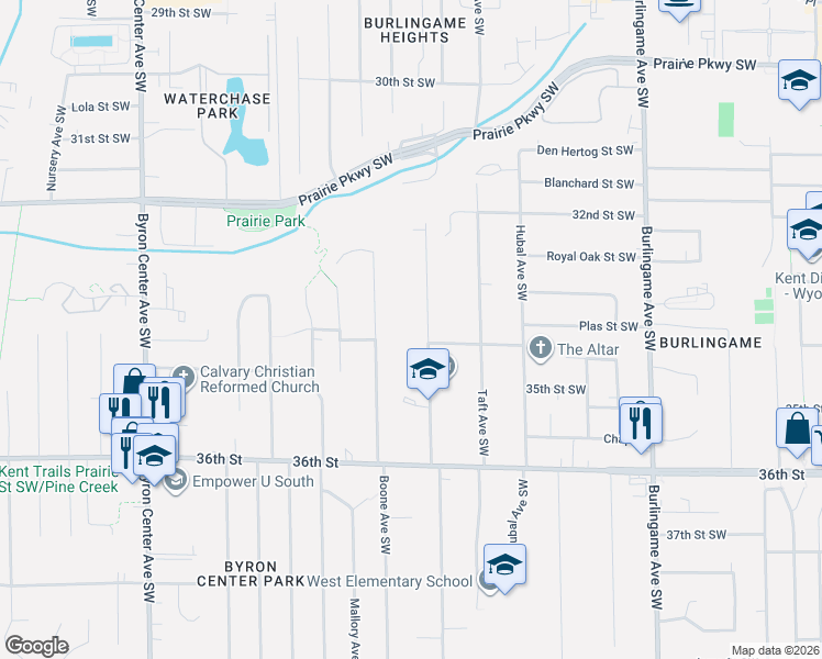 map of restaurants, bars, coffee shops, grocery stores, and more near 3358 Boone Avenue Southwest in Wyoming