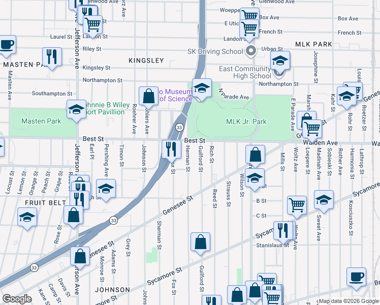map of restaurants, bars, coffee shops, grocery stores, and more near 395 Herman Street in Buffalo