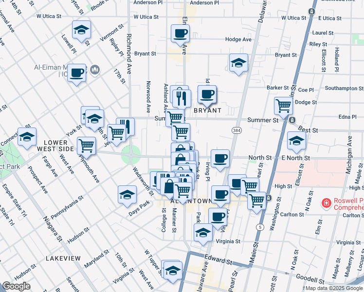 map of restaurants, bars, coffee shops, grocery stores, and more near 220 Elmwood Avenue in Buffalo