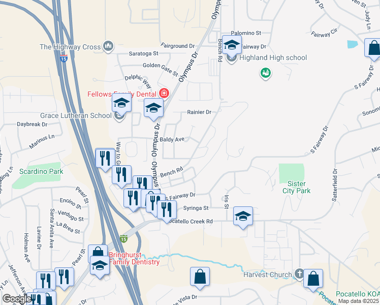 map of restaurants, bars, coffee shops, grocery stores, and more near 1535 Bench Road in Pocatello