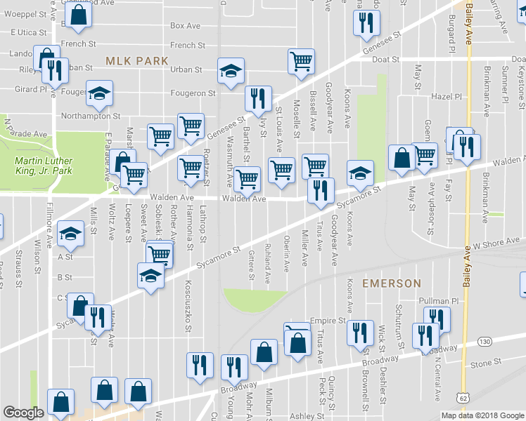 map of restaurants, bars, coffee shops, grocery stores, and more near 132 Ruhland Avenue in Buffalo